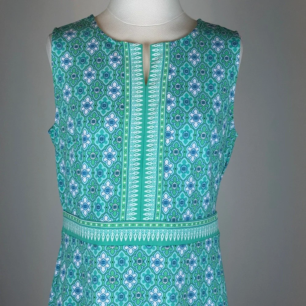 NWT Talbots Green/Blue Geometric Sleeveless Fit & Flare Dress Size Medium Career
